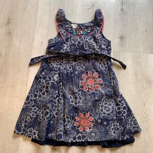 Monsoon Girls Navy Blue Floral Embroidered Beaded Tie Waist Dress Size 8